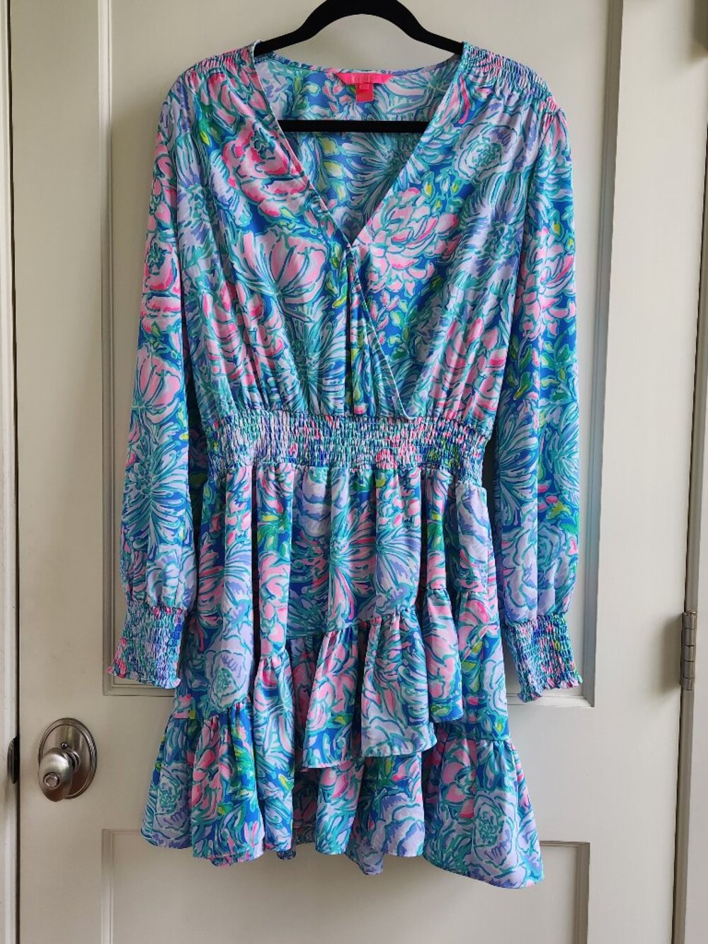 Lilly Pulitzer Size 12 Blue Pink Floral Faux Wrap Smocked Waist Tiered Dress